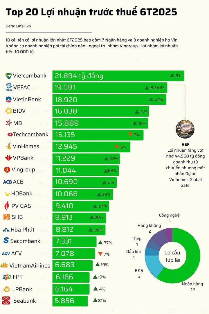 PV GAS đứng thứ 12 trong Top 20 doanh nghiệp có lợi nhuận trước thuế cao nhất Việt Nam nửa đầu năm 2025.