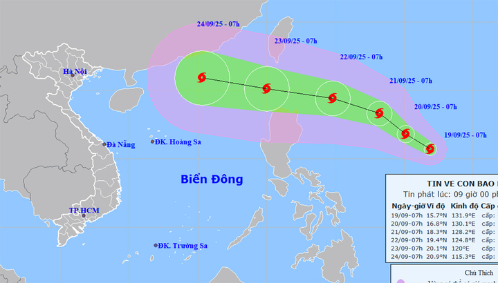 Bản đồ dự báo đường đi, khu vực ảnh hưởng của bão Ragasa. (Nguồn: NCHMF)