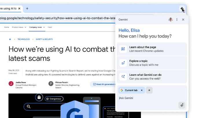 Trợ lý AI Gemini tích hợp của Google vào trình duyệt. (Nguồn: Google)