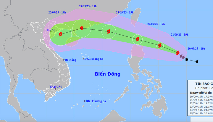 Bản đồ dự báo đường đi, khu vực ảnh hưởng của bão Ragasa. (Nguồn: NCHMF)