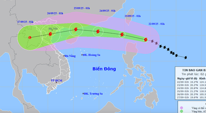 Bản đồ dự báo đường đi, khu vực ảnh hưởng của siêu bão Ragasa. (Nguồn: NCHMF)