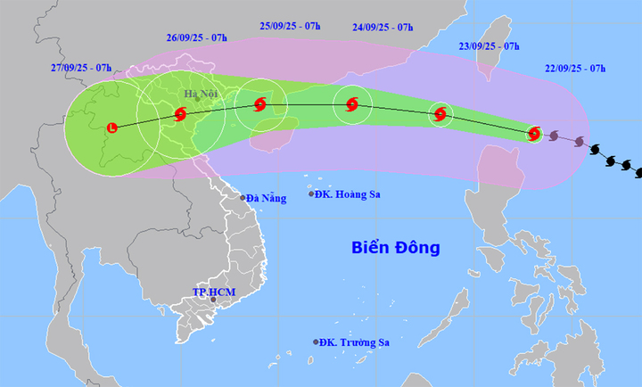 Bản đồ dự báo đường đi, khu vực ảnh hưởng của siêu bão Ragasa. (Nguồn: NCHMF)