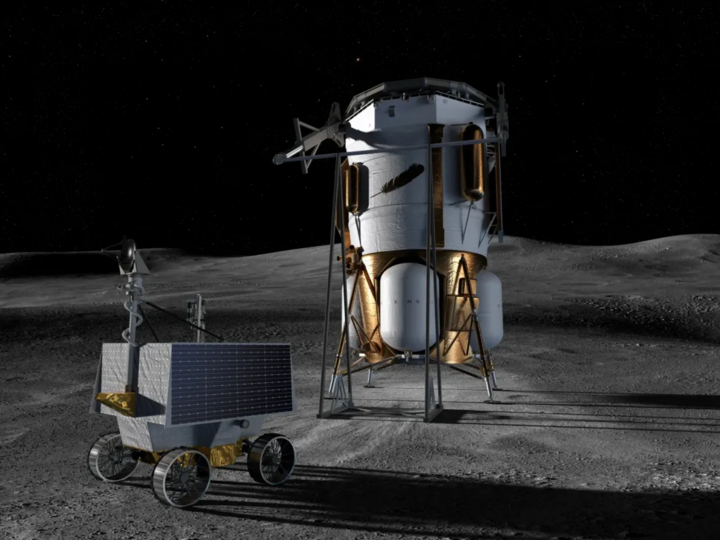 Hình ảnh mô phỏng tàu Blue Moon Mk1 đưa xe VIPER đến vùng cực nam Mặt Trăng. (Nguồn: NASA)