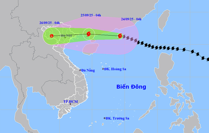 Bản đồ dự báo đường đi, khu vực ảnh hưởng của siêu bão Ragasa. (Nguồn: NCHMF)