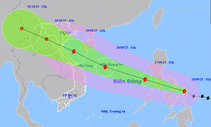 Bản đồ dự báo đường đi, khu vực ảnh hưởng của bão Bualoi. (Nguồn: NCHMF)