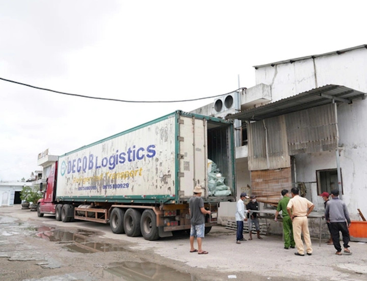 Xe đầu kéo chở 30 tấn thịt lợn, dê và chân gà không rõ nguồn gốc bị lực lượng CSGT phát hiện, bắt giữ. (Ảnh: CACC)