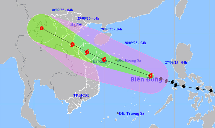 Bản đồ dự báo đường đi, khu vực ảnh hưởng của bão số 10 Bualoi. (Nguồn: NCHMF)