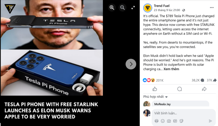 Bài đăng gây sốt mạng xã hội về việc Tesla sắp ra mắt Pi Phone, Apple nên lo lắng. (Ảnh: Facebook)