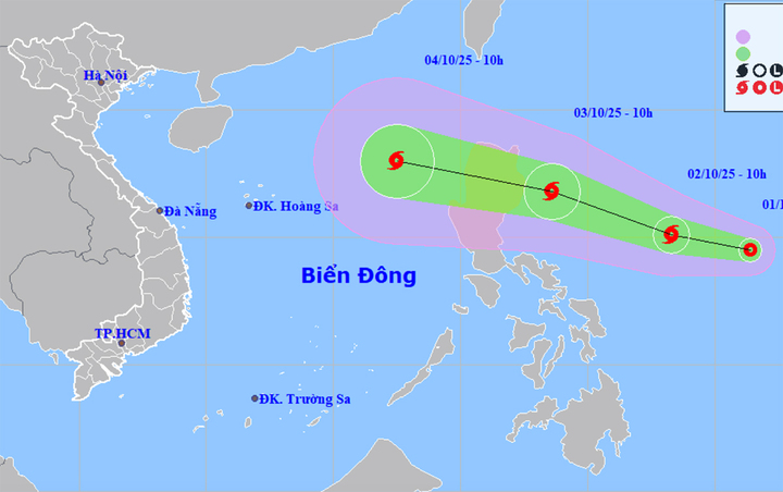 Bản đồ dự báo đường đi, khu vực ảnh hưởng của áp thấp nhiệt đới gần Biển Đông. (Nguồn: NCHMF)