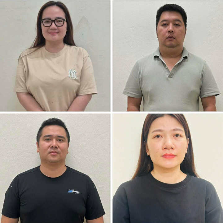 Hoàng Hường và các bị can còn lại tại cơ quan công an.