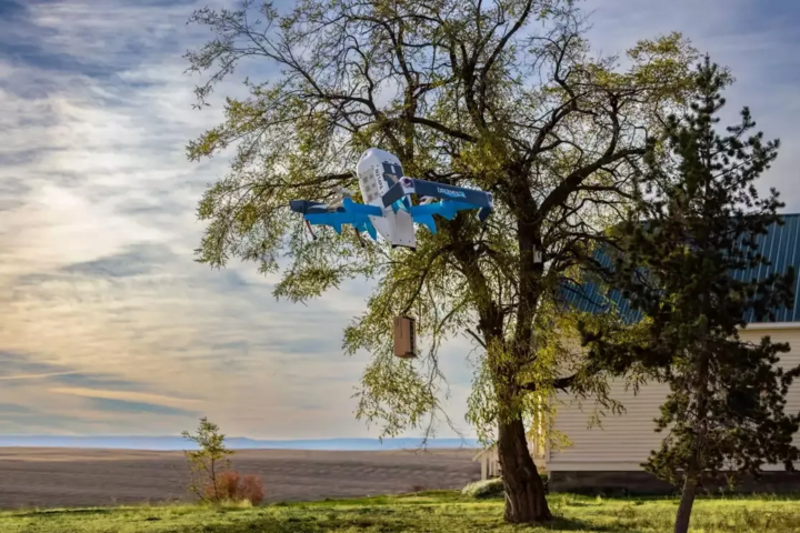 An Amazon delivery drone crashes. (Source: Getty Images)