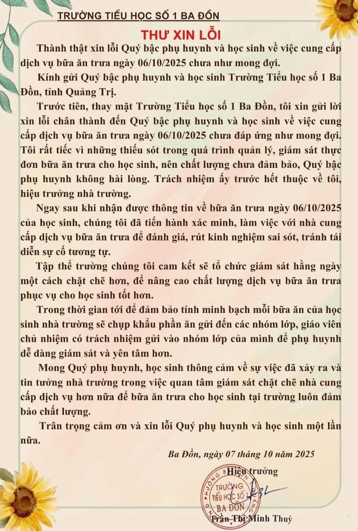 Entschuldigungsbrief von Frau Tran Thi Minh Thuy – Schulleiterin der Ba Don Grundschule Nr. 1 an Eltern und Schüler