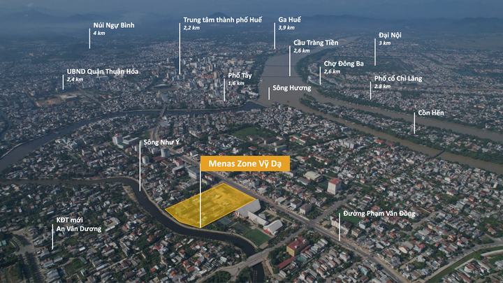 Menas Zone Vỹ Dạ sở hữu kết nối giao thông đắt giá với 3 mặt giáp đường, 1 mặt giáp sông Như Ý.