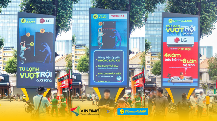 Các chiến dịch ra mắt sản phẩm của siêu thị Điện Máy Xanh đã chọn hệ thống màn hình LED 5G của VINAMA để quảng bá.
