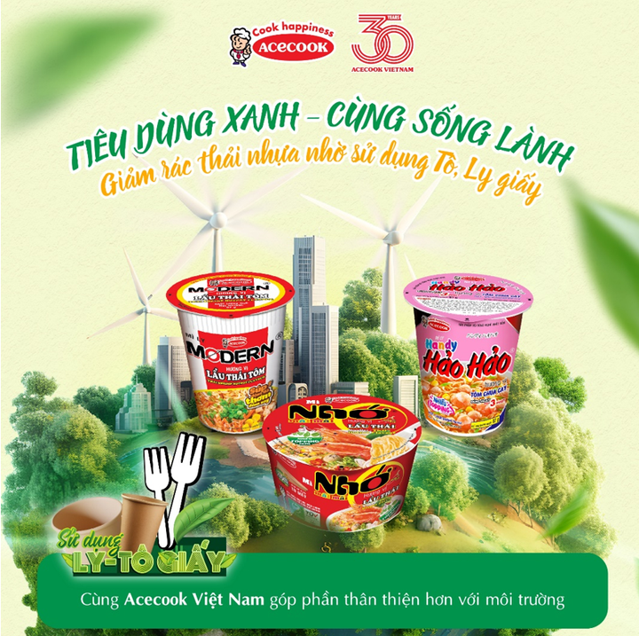 Acecook hưởng ứng tinh thần “Tiêu dùng xanh - Cùng sống lành” với Mì ly Modern, Mì ly Handy Hảo Hảo, Mì Tô Nhớ Mãi Mãi,... được cải tiến bao bì giấy
