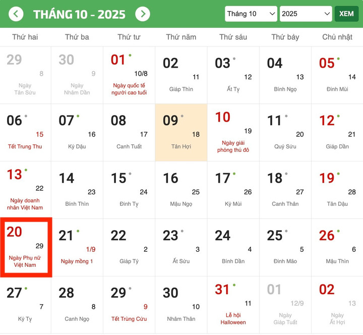 Ngày Phụ nữ Việt Nam 20/10 năm nay là thứ Hai.