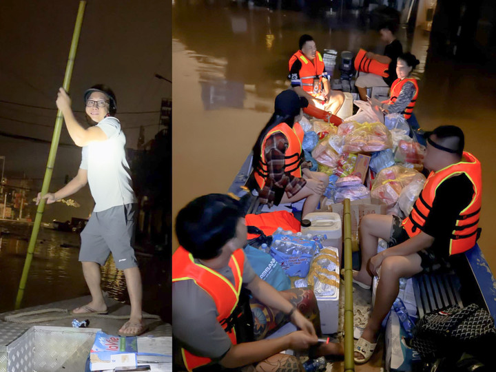 Anh Tùng cùng đoàn cứu trợ chèo xuồng vào những khu vực ngập sâu ở phường Phan Đình Phùng, Thái Nguyên. (Ảnh: NVCC)