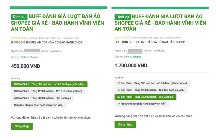 Giá đặt đơn ảo, đánh giá ảo được đăng công khai trên nhiều trang web.