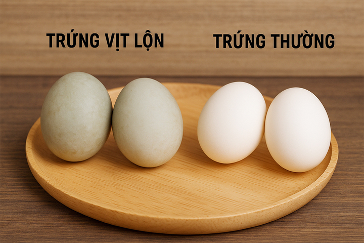 Đặt 2 loại trứng cạnh nhau, trứng vịt lộn sẽ có màu hơi xám hơn, không sáng và trong như quả trứng thường. (Ảnh: AI)