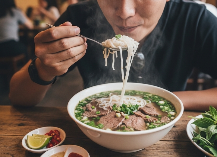Phở bò là lựa chọn phổ biến thay cơm nhờ giàu đạm và tinh bột.