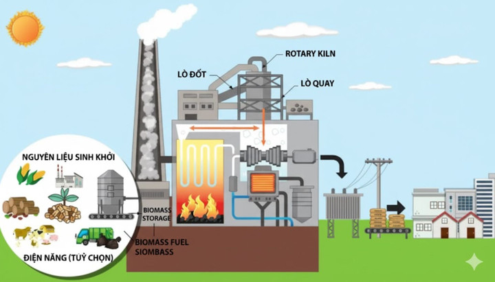Quy trình sản xuất của một nhà máy xi măng theo công nghệ nguyên liệu sinh khối. (Ảnh: AI Gemini)