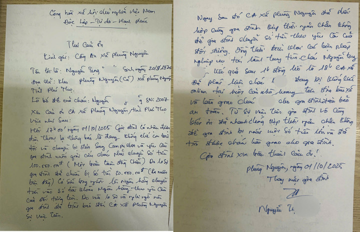 Con trở về nhà an toàn, anh T. (bố cháu D.) đã viết thư cảm ơn Công an xã Phùng Nguyên. Ảnh: CACC