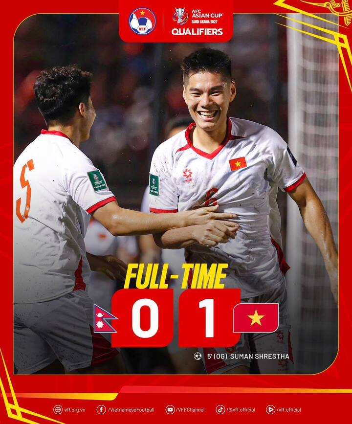 Đội tuyển Việt Nam thắng Nepal 1-0.
