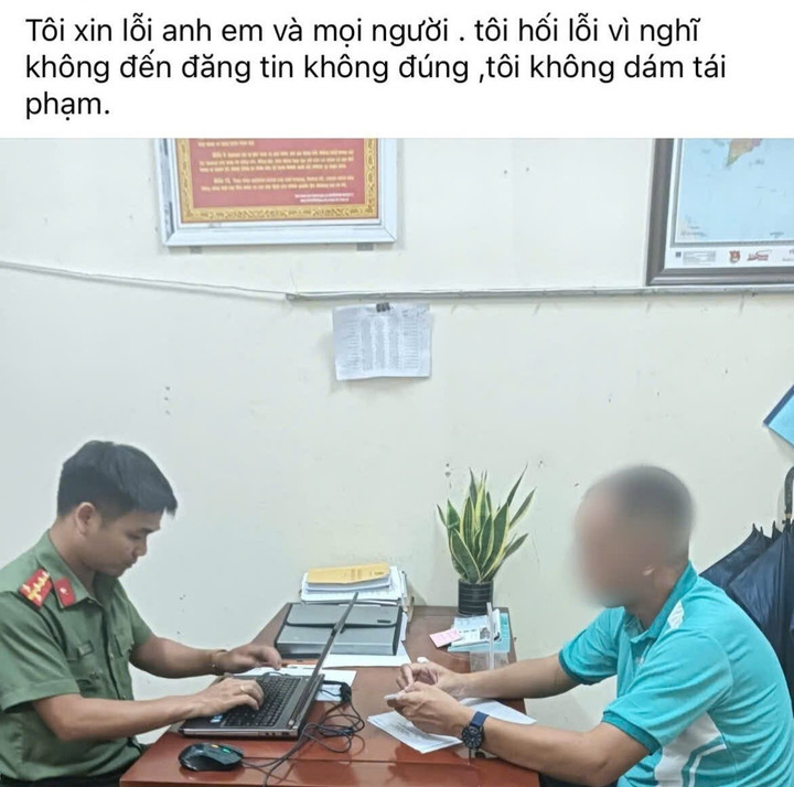 Công an xã Bà Nà làm việc với người bịa đặt sự việc. (Ảnh: CA)