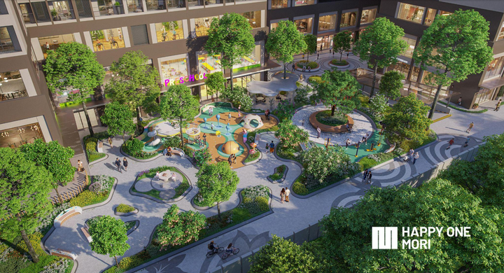 Phối cảnh công viên trung tâm tại tầng trệt dự án Happy One Mori.