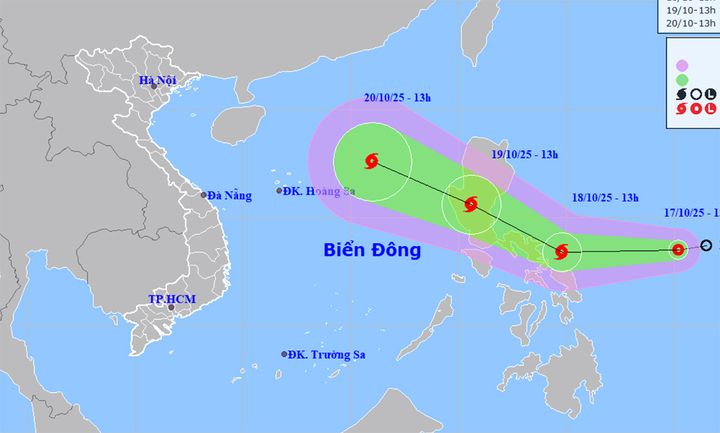 Bản đồ dự báo đường đi, khu vực ảnh hưởng của áp thấp nhiệt đới gần Biển Đông. (Nguồn: NCHMF)