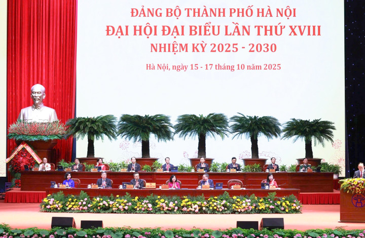 Quang cảnh Đại hội đại biểu Đảng bộ TP Hà Nội lần thứ XVIII, nhiệm kỳ 2025-2030.