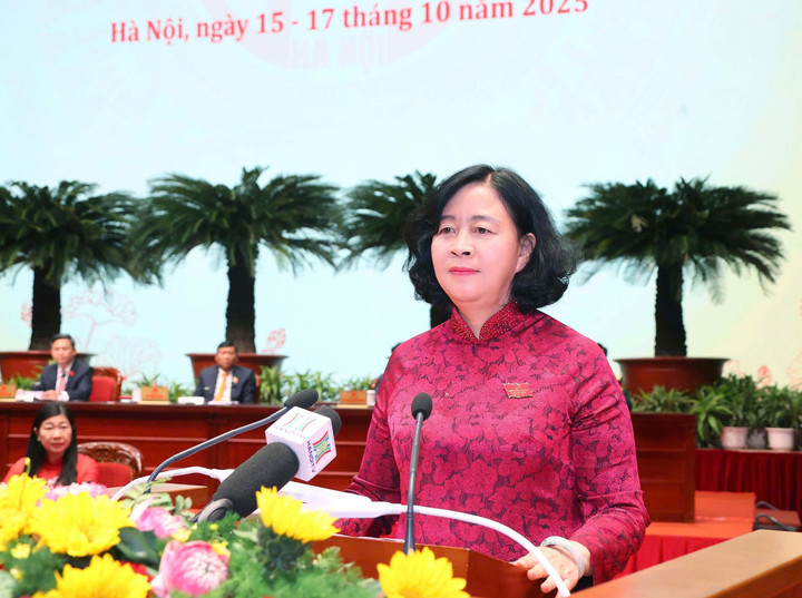 Bí thư Thành ủy Hà Nội Bùi Thị Minh Hoài phát biểu bế mạc Đại hội. (Ảnh: Viết Thành)