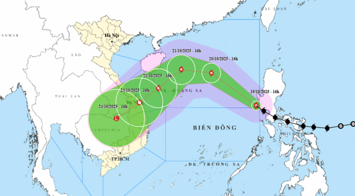 Bản đồ dự báo đường đi, khu vực ảnh hưởng của bão Fengshen. (Nguồn: NCHMF)