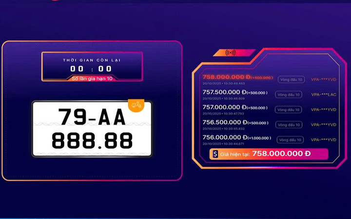 Biển số xe máy trúng đấu giá gần 760 triệu đồng.