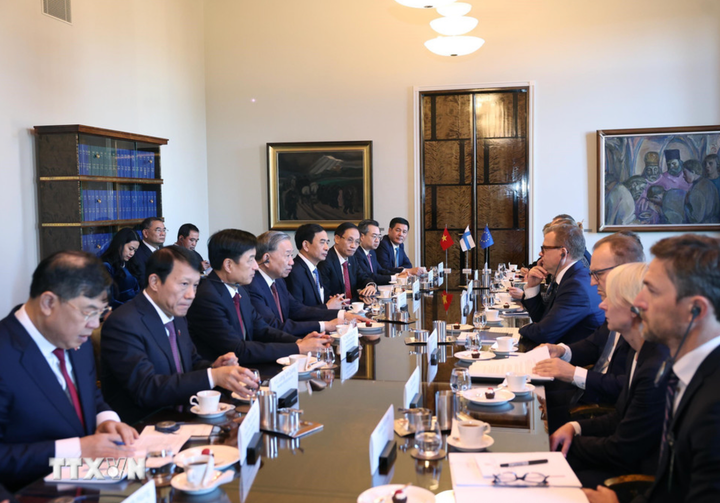 Tổng Bí thư Tô Lâm hội kiến Thủ tướng Phần Lan Petteri Orpo. (Ảnh: Thống Nhất/TTXVN)