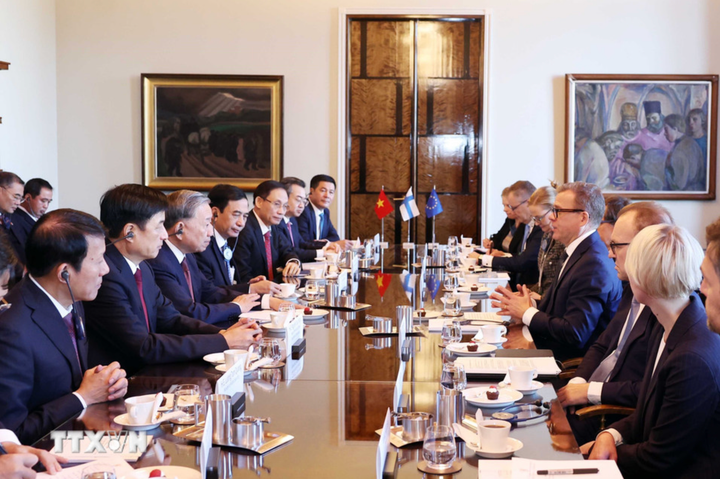 Tổng Bí thư Tô Lâm hội kiến Thủ tướng Phần Lan Petteri Orpo. (Ảnh: Thống Nhất/TTXVN)