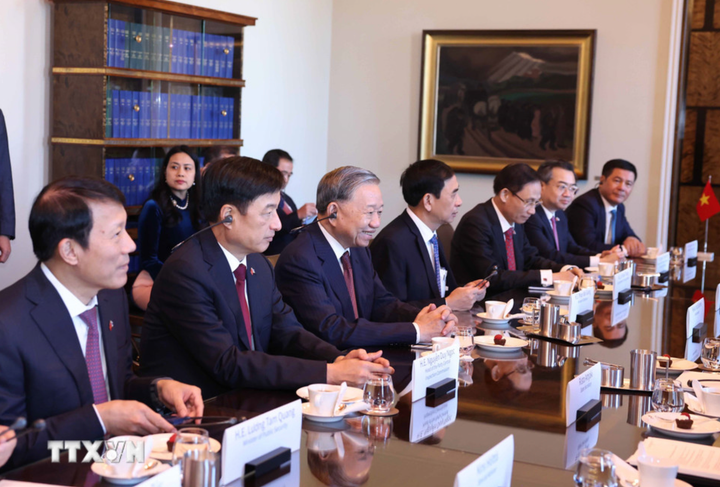 Tổng Bí thư Tô Lâm hội kiến Thủ tướng Phần Lan Petteri Orpo. (Ảnh: Thống Nhất/TTXVN)