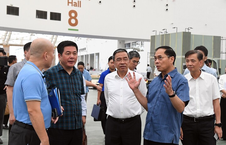 Phó Thủ tướng Bùi Thanh Sơn đi kiểm tra tiến độ hội chợ. (Ảnh: VGP)