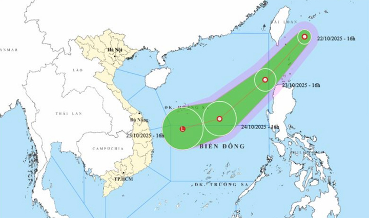 Bản đồ dự báo đường đi, khu vực ảnh hưởng của áp thấp nhiệt đới gần Biển Đông. (Nguồn: NCHMF)
