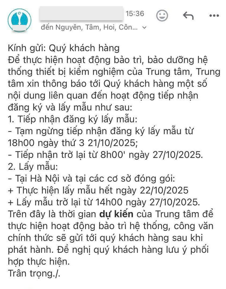 Thông báo tạm ngừng kiểm nghiệm được gửi đến khách hàng.