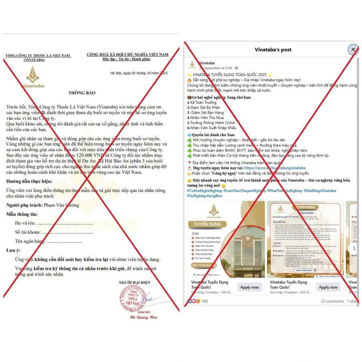 Hình ảnh các thông báo tuyển dụng và bài đăng Facebook giả mạo thương hiệu Vinataba đang lan truyền trên mạng xã hội.