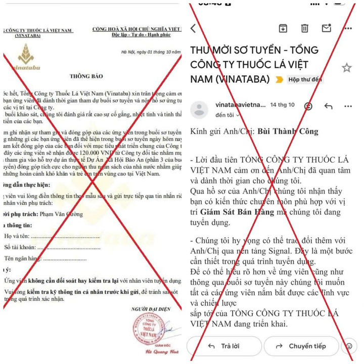 Mẫu thư mời phỏng vấn và thông báo tuyển dụng giả mạo Vinataba, có dấu và chữ ký không hợp pháp, do các đối tượng lừa đảo tạo ra.