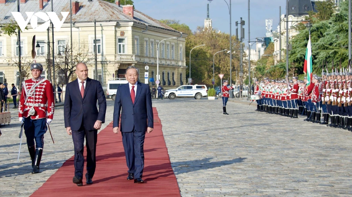 Tổng thống Cộng hòa Bulgaria Rumen Radev và Tổng Bí thư Tô Lâm duyệt đội danh dự.