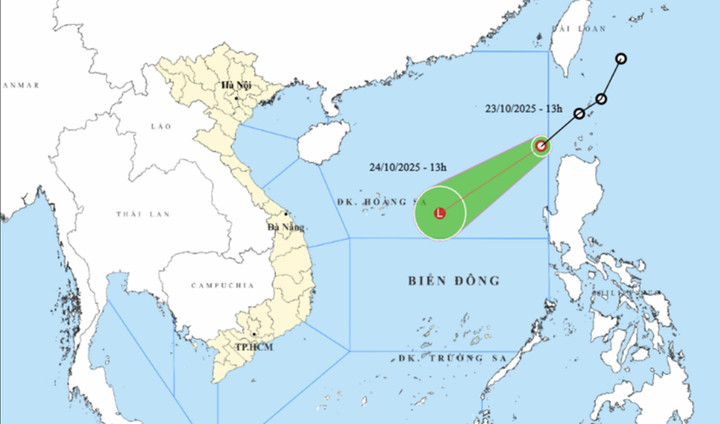 Bản đồ dự báo đường đi, khu vực ảnh hưởng của áp thấp nhiệt đới. (Nguồn: NCHMF)