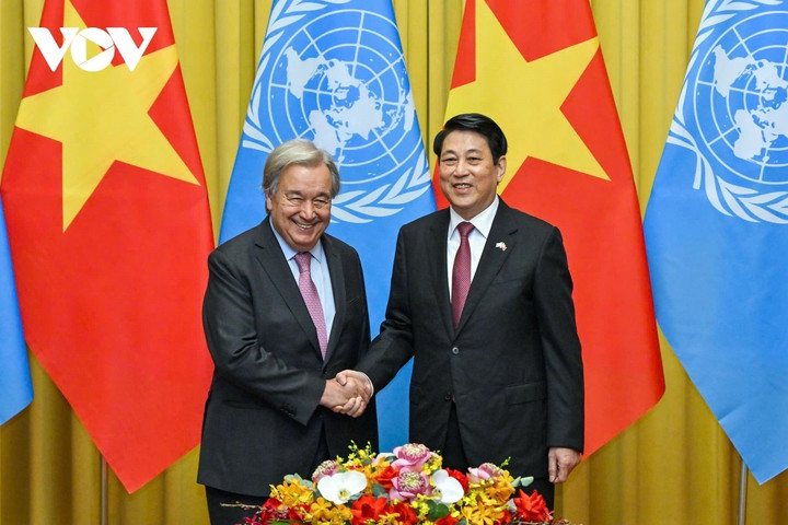 Chủ tịch nước Lương Cường và Tổng Thư ký Liên hợp quốc Antonio Guterres tại hội đàm.