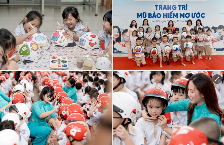 Các em học sinh lớp 1 vui tươi cùng những chiếc mũ bảo hiểm đạt chuẩn do HVN trao tặng.