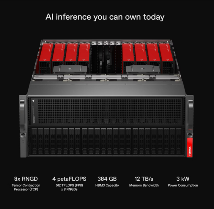 Hệ thống máy chủ AI trang bị 8 chip Furiosa Renegade, đạt hiệu năng 4 petaFLOPS."