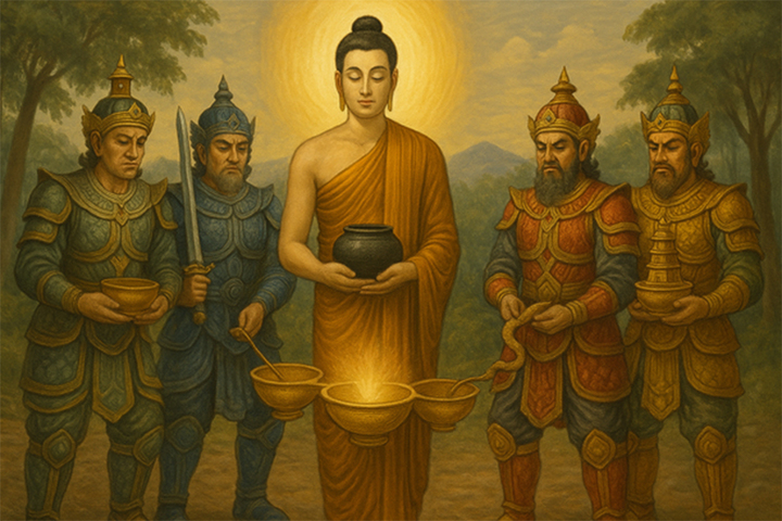 Hình minh họa 4 vị Thiên vương dâng bình bát cho Đức Phật.