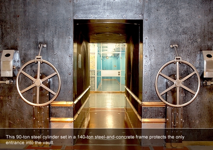 अपनी विशाल कीमत के कारण, सोने की तिजोरी की सुरक्षा व्यवस्था सर्वोच्च स्तर पर है। 90 टन का स्टील का दरवाज़ा ही एकमात्र प्रवेश द्वार है, जिसे कम से कम तीन लोगों की निगरानी में ही खोला जा सकता है। (फोटो: न्यूयॉर्कफेड)