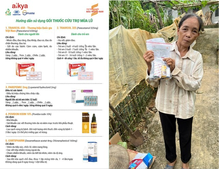Bà con vùng lũ nhận gói thuốc y tế cứu trợ với đầy đủ hướng dẫn sử dụng.